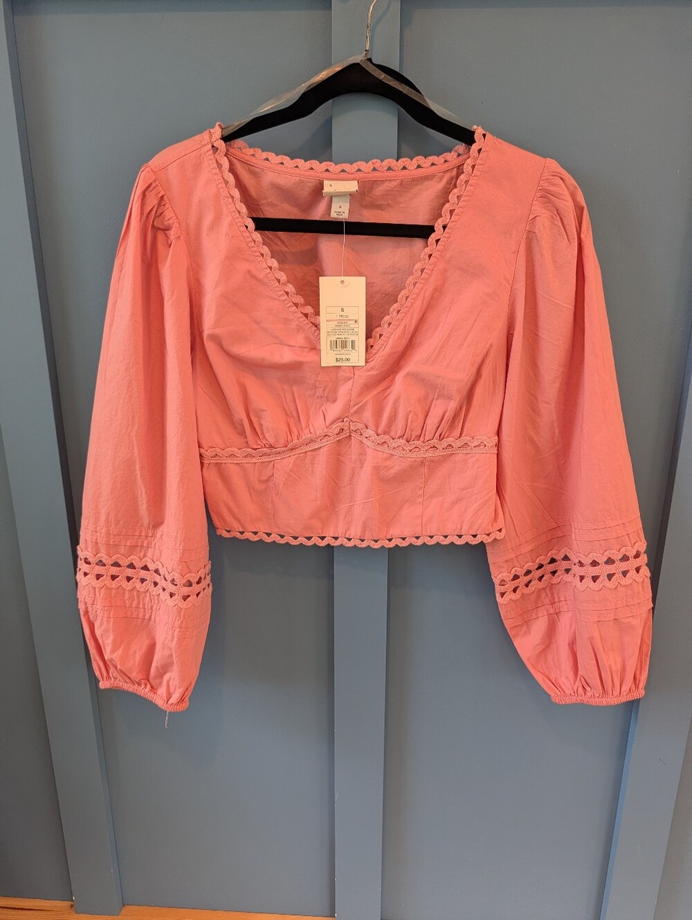 Women's Pink Crochet-Trim V-Neck Crop Top